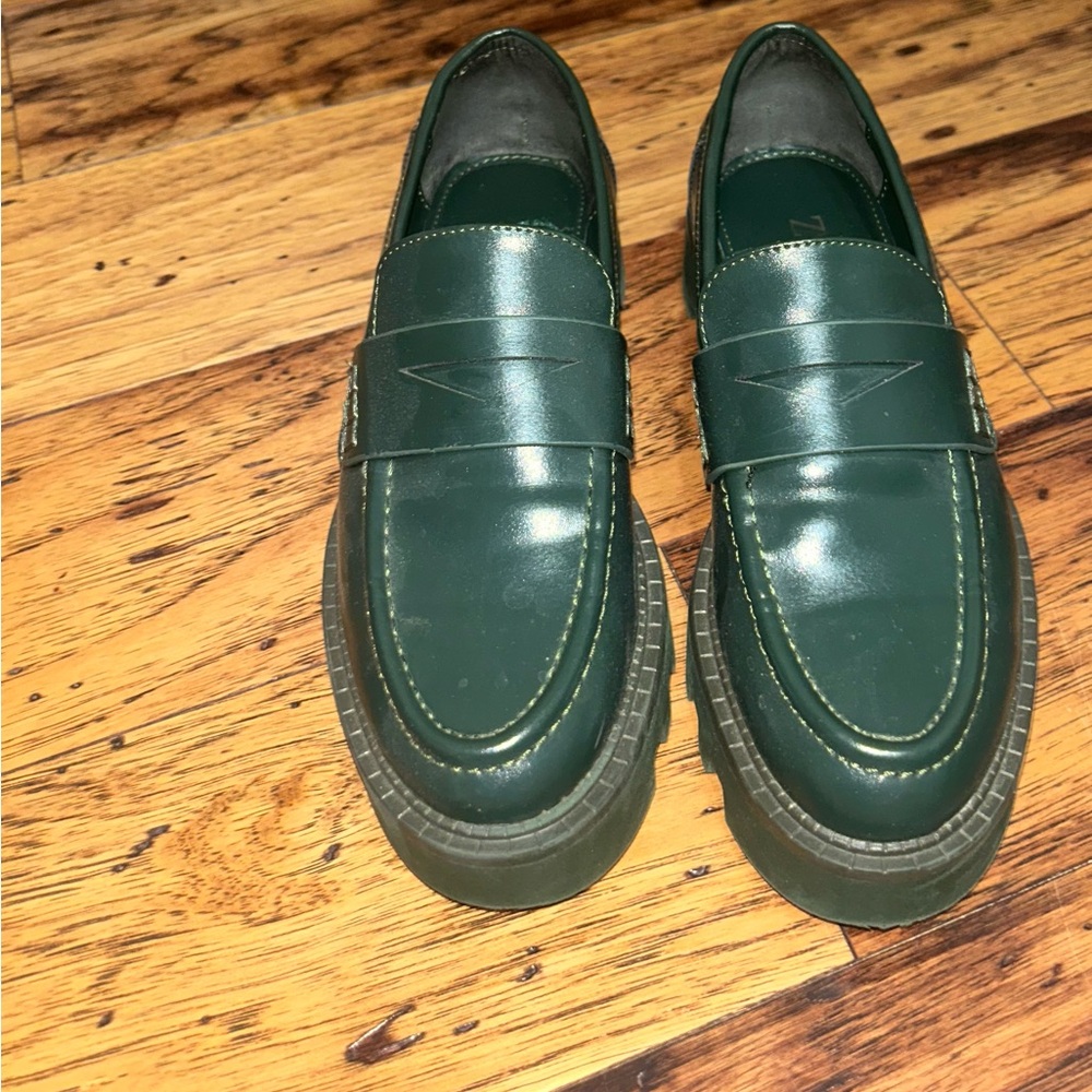 Zara Dark Green Slip-On Loafers